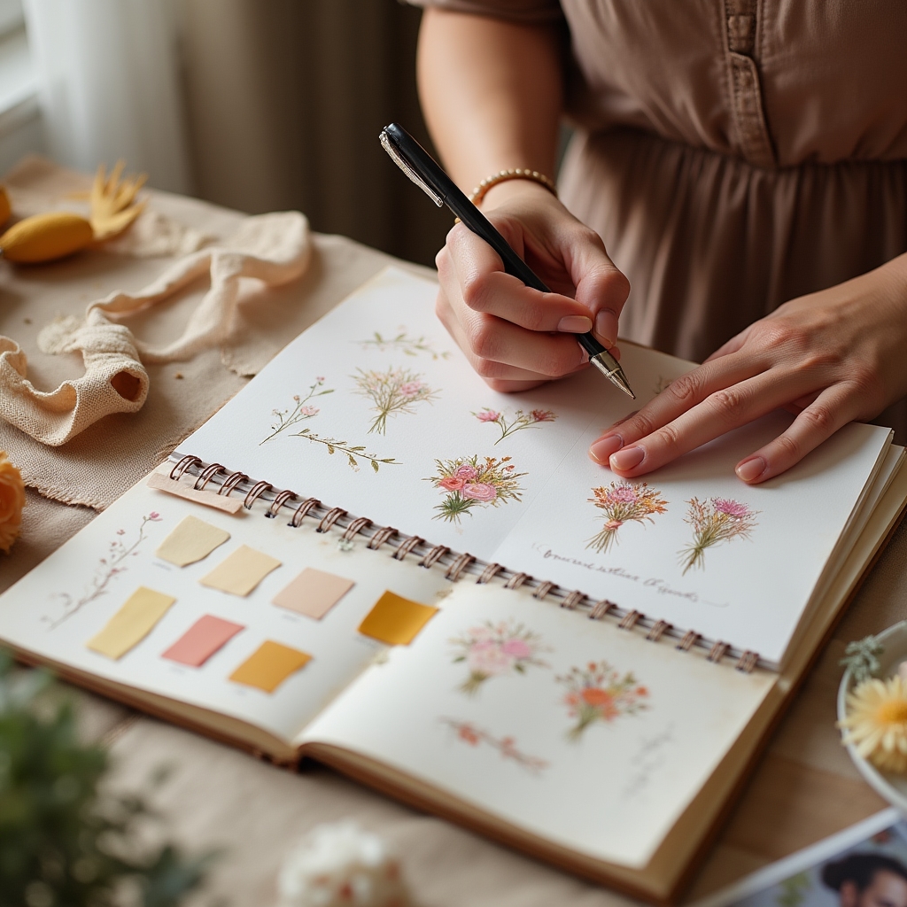 Floristka si robí poznámky počas konzultácie so svadobným párom